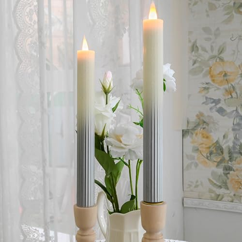 Image of Flameless Taper Candles Flickering with Remote and Timer, 3D Moving Flame Taper Candle Battery Operated to 400 Hours, 9 Inch Window Candles, (Gradient Silver-Vertical Stripes)