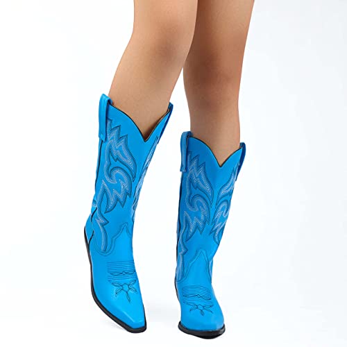 CRYSIGNE Women Vintage Embroidered Mid Calf Cowboy Cowgirl Boots Ladies Snip Toe Pull On Chunky Heel Western Boots4