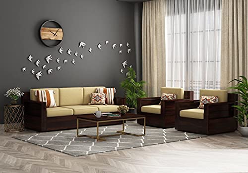 Image of Solid Sheesham Wood 5 Seater Sofa Set | Wooden 3+1+1 Seater Sofa Furniture for Living Room Hall Hotel Office (Walnut Finish)