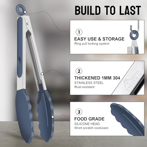 Image of HOTEC Stainless Steel Kitchen Tongs with Silicone Tips, Set of 3-7 inch,9 inch &12 inch