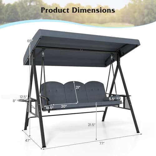 Image of Tangkula 3 Person Porch Swing, Outdoor Swing with Adjustable Canopy, Thickened Cushions & Pillow, Metal Frame, Foldable Side Tray for Backyard, Garden and Poolside (Grey)