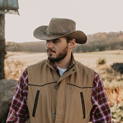 Outback Trading Chapéu de cowboy marrom durável de couro Ridge com cordão de queixo e faixa trançada