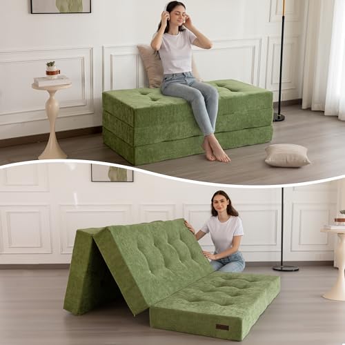 Image of MAXYOYO 6 inch Folding Sofa Bed for Floor, Tufted Tri-Fold Floor Mattress with Chenille Fabric, Full Size Portable Sofa Couch Guest Mat for Adults, Foldable Topper for Camping, Green, 53 inchx75 inch