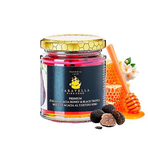 Miel de Acacia con Trufa Negra 250 g Caravella Fine Food | Italiana Cruda Sin Pasteurizar con Virutas de Trufa Negra | Lujosa,Gourmet Aromática Rica en Umami y Versátil | Perfecta para Quesos Carnes
