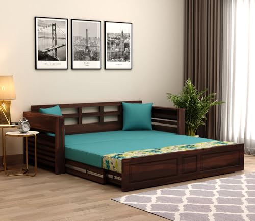 Image of Mamta Furniture Sheesham Wood Foster 3 Seater Sofa Cum Bed for Living Room Three Seater Sofa Bed for Home Sofa Com Bed Sheesham Wood |(Walnut Teal Aqua Marine)