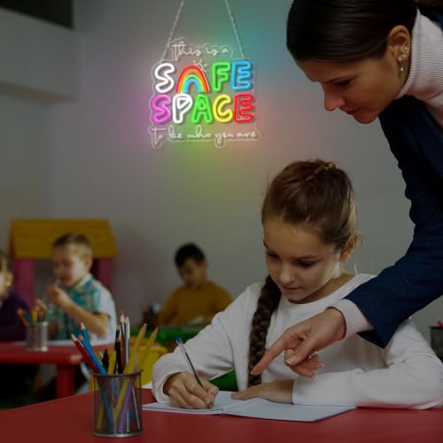 Image of Retisee 13x13 Inches Safe Space Neon Sign This Is a Safe Space to Be Who You Are LED Neon Sign Dimmable Light up for School Counselor Nurse Classroom Therapy Office Wall Decor