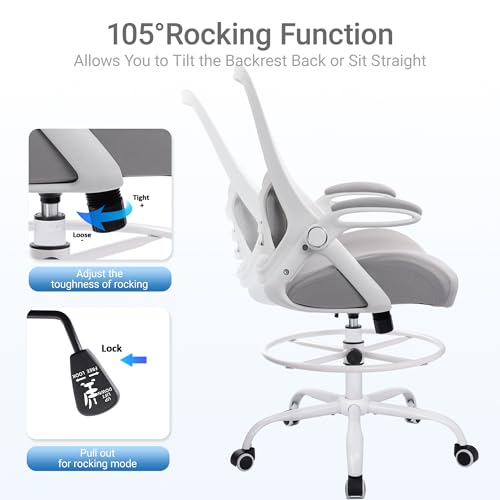 Image of HYLONE 400lbs Heavy Duty Drafting Chair 5 inch Thickened Seat Office Chair with Flip-Up Armrests Tall Ergonomic Computer Chair with Lumbar Support and Adjustable Footrest Ring Standing Desk Chair (Grey)
