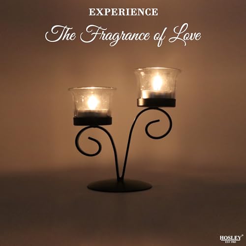 Image of HOSLEY Clear Glass Tealight Candle Holders|Black Tealight Candle Holders With Glass Holders Perfect For Home Decor Tabletop Centerpiece| Pack Of 1 With Pack Of 2 Tealights, Black Matty