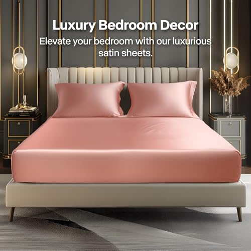 BEDELITE Satin Fitted Sheet and Pillowcases Set, Luxury Soft Similar to Silk Bottom Bed Sheet with Elastic Corner Straps, Deep Pocket up to 15 Inch, 1 Fitted Sheet and 2 Pillowcases(Full, Rose Pink)