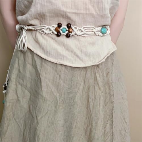Bohemian Oval Waist Chain Belt Belly for Women Vintage Turquoise Wooden Beaded Waist Belt Body Chains Adjustable Woven Cord Jewelry Accessories for Jeans Dress3