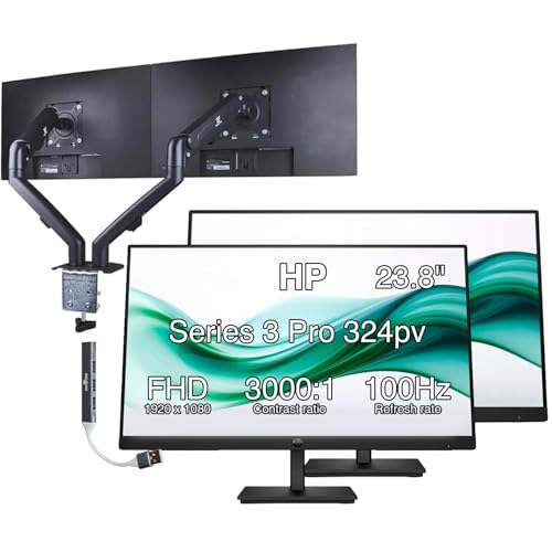 Image of HP 24 inch Series 3 Pro 324pv FHD Monitor, Anti-Glare, Flicker Free, VESA Mount | (100x100mm), 5 ms Response Time, HDMI, VGA with DKZ Hub, Black (9U5C1AA#ABA) & ErgoFlexy Dual Monitor Mount (2 Pack)