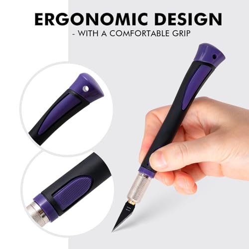 Image of FOSHIO Precision Exacto Knife Set, 2 Pack Craft Knife with Extra 20 Exacto Blades, Hobby Knife Set with Protective Cover Rubber Handle for Crafts, Arts, Stencil, Modeling, Trimming, Carving (Purple)