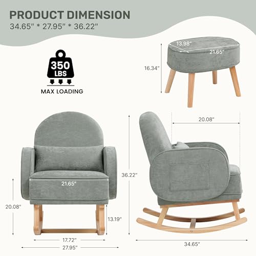 Image of HCHAIRH Rocking Chair with Ottoman, Upholstered Glider Rocker with footrest and Side Pocket, Comfy Chenille Reading Chair with Solid Wood Legs for Nursery, Living Room,Bedroom Pale Green