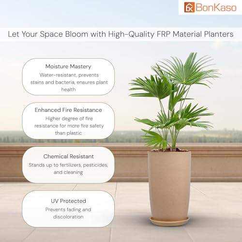 Image of BonKaso 18 inch Beige Flower Pot - Tall, Durable & Lightweight Polymer Tower Planter for Indoor & Outdoor Use: Home, Office, Garden & Balcony (Gamla /Gamale)