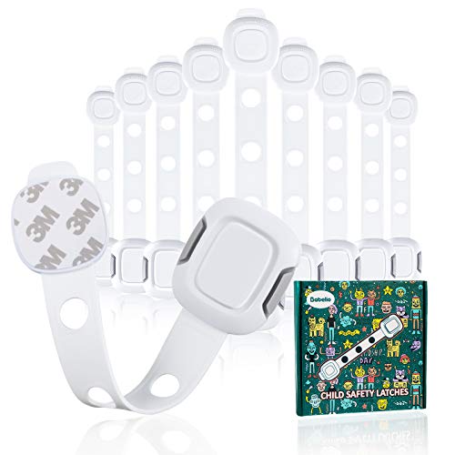 BABELIO Child Proof Locks for Cabinet Doors and Drawers, 10 Pack Baby Safety Latches, Adjustable Straps for Kitchen, Refreigerator, Trash Can, Window and Furnitures, Button Design and Strong Adhesive