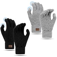 Leikedun 2 Pairs Winter Thermal Gloves for Women Men, Warm Touch Screen Gloves, Soft Wool Knit Elastic Cuff Glove for Outdoor Skiing Walking Running(Black+Grey)
