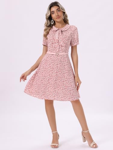 Image of Allegra K Women's Peter Pan Collar Tie Neck Short Sleeves A-Line Elegant Belted Vintage Floral Dress