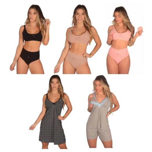 Kit 1 Camisola + 1 Baby Doll + 3 Conjuntos (Sutiã de Amamentação + Calcinha Pós Parto) Gestante Reforçado Pijama Maternidade Renda (BR, Alfa, M, Regular, Camisola Preta ll Baby Doll Azul)