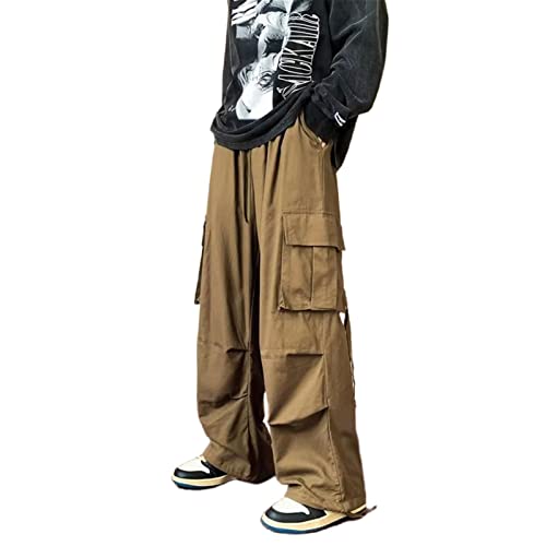 FantasyGears Men's Cargo Pants Y2k Gothic Brown Baggy Pants Streetwear Elastic Wide Leg Joggers Hip Hop Baggy Harem Pants