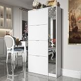 Homsee Modern Shoe Storage Cabinet with 4 Flip Drawers & Mirror, Wood 4-Tier Shoe Rack Storage Organizer with Shelves and Door for Entryway, Hallway, White (31.5”L x 9.4”W x 61.2”H)