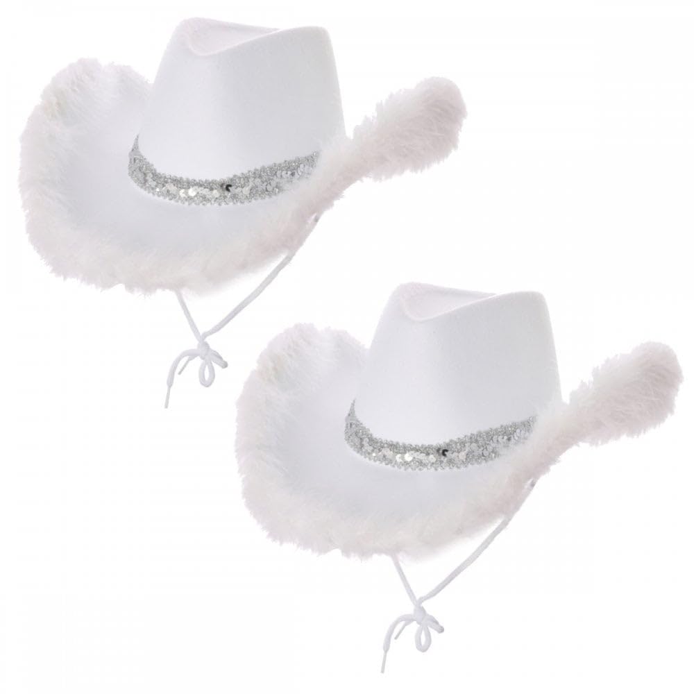 2 Pack Cowgirl Hats (Multiple Options) : Adult Ladies Womens Western Wild West Hen Night Music Festival Barn Dance Rodeo Fancy Dress Cowboy Costume Accessories (Sequin & Marabou Feather, White,White)