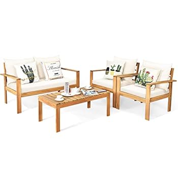Alternative view of Tangkula Outdoor 4-Piece Acacia Wood Chat Set, 4 Seater Acacia Wood Conversation Sofa and Table Set with Water Resistant Cushions, Teak Finished (1, White)