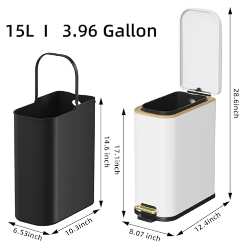 Image of KdbK Bathroom Trash Can with Soft Close Lid, 15L / 4 GallonRectangular Trash Can with Removable Wastebasket, Step Pedal, Slim Wastebasket for Bedroom, Home Office,White