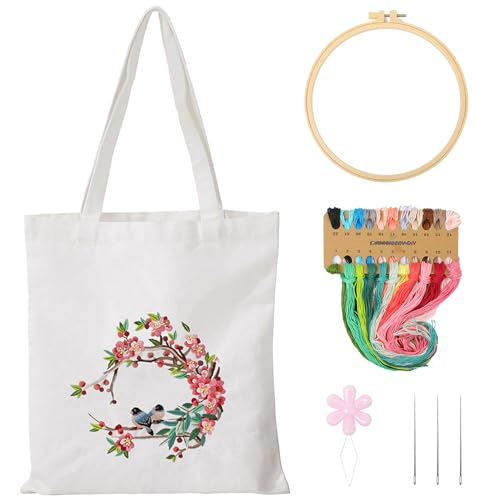 Image of VIVOLOOM Canvas Tote Bag Embroidery Kit for Beginners, DIY Needlepoint Kit with Unique Pattern, Include Instruction, Colorful Threads, and Tools for Adults