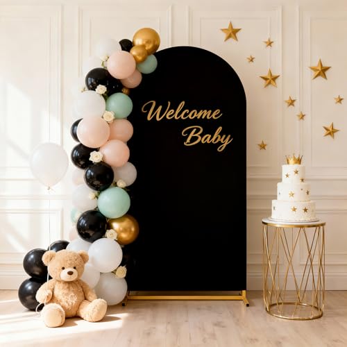 Image of SoarDream 7.2FT Arch Backdrop Cover Black Spandex Fitted Wedding Arch Stand Covers Fitted for Round Top Chiara Arch Cover Stretchy Backdrop for Birthday Party Decorations