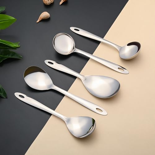 Image of Montavo by FnS 5 Pieces Stainless Steel Serving Spoon Set for Dining Table & Kitchen, Heavy Gauge, 1 Rice Spoon, 2 Soup Ladle (Karchi), 2 Solid Spoon (Chamcha, Spatula) Pack of 5