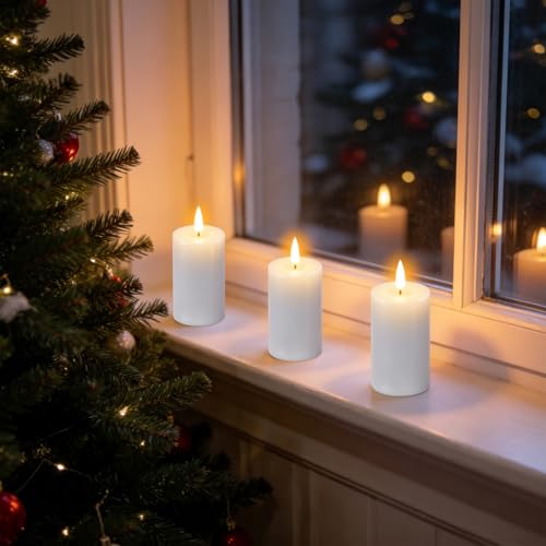 Image of 4.5 inch Rechargeable Flameless LED Pillar Candles with 10-Key Remote and Timer, 6 Pack White Real Wax 3D Wick Flickeing Votive Candles with Charging Plate&USB Cable Christmas Holiday Decor