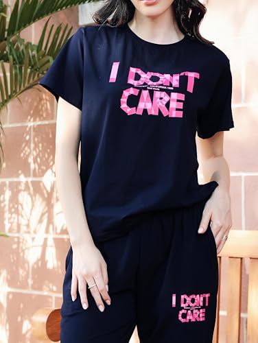 Image of ZEYO Night Suit for Womens Typography Printed Cotton Night Dress of Top and Joggers