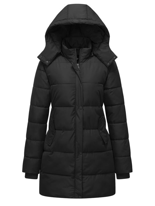 GGleaf Women's Winter Thicken Puffer Coat Warm Snow Jacket with Removable Hood Fashions Long Jacket Black Medium