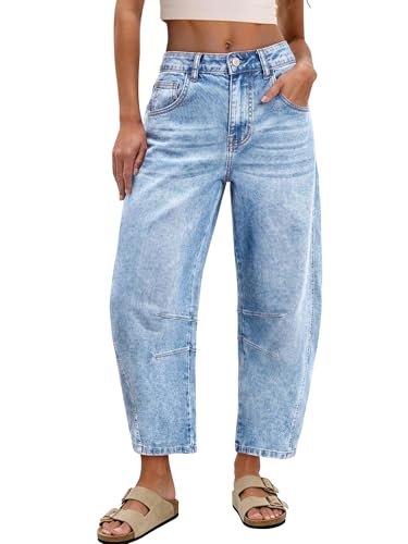 SANMM Jeans for Women Barrel Vintage Wide Leg Cropped High Waisted Stretchy Denim Pants with Pockets Ice-snowBlue M