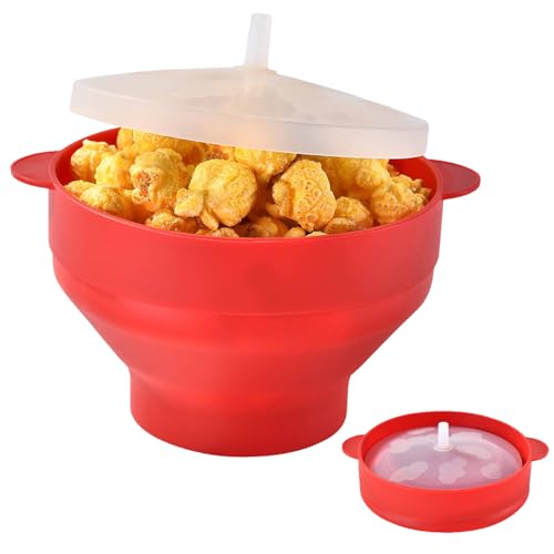 Tazón de palomitas de maíz para microondas con tapa, de silicona, plegable, sin BPA, color rojo