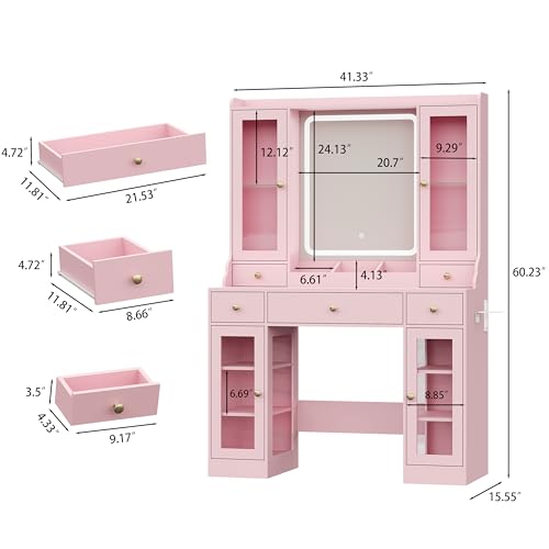 Image of HUANLEGO Vanity Desk with Mirror and Lights, Pink Vanity Mirror with Lights & RGB Glass Cabinet and 3 Drawers, Makeup Vanitys Desk with Lighted Mirror, Dressing Table for Girls Bedroom, 3 Color Modes