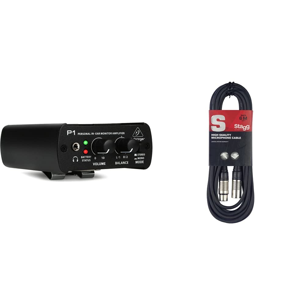 Behringer POWERPLAY P1 Persönlicher In-Ear-Monitor-Verstärker & Stagg Hochwertiges Mikrofonkabel XLR-auf XLR-Stecker, 6 m, Schwarz