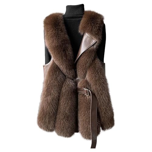 HGps8w Leather Patchwork Women's Faux Fur Vests - Faux Fox Fur Warm Fluffy Jacket - Furry Outerwear Winter Coats with Belt