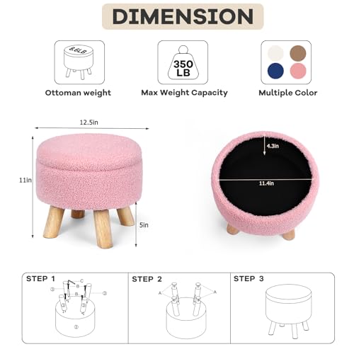 Ogemxu HY188-W1 Storage Ottoman, Round Small Ottoman With Storage, Teddy Velvet Foot Stool With Wood Legs, Foot Rest For Chair, Soft Sponge Footstool For Living Room, Couch, Bedroom  thumb #2