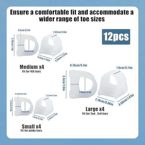 Image of 12 Pack Hammer Toe Straightener Corrector, Bunion Corrector Toe Separators for Women and Men, Toe Spacers for Bunion, Overlapping Toes, Curled Toes,Hammertoes Toe Corrector (3Size)