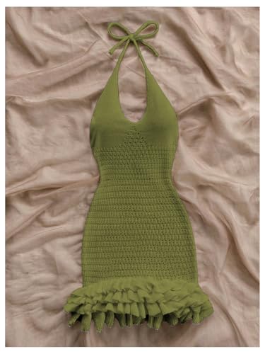 Image of GORGLITTER Women's Vacation Outfit Crochet Halter Knit Bubble Mini Dress Sexy Beach Cruise Summer Miami Resort Outfits