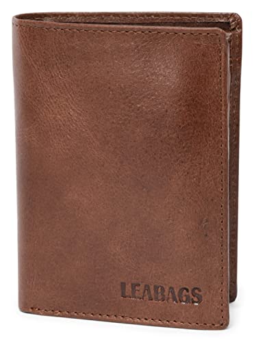 Leabags Billetera para Hombres | Protección RFID | Formato Vertical | Monedero con Compartimento para Monedas | 9 Compartimentos para Tarjetas | Costura Reforzada | Cuero Genuino | Cognac Vintage