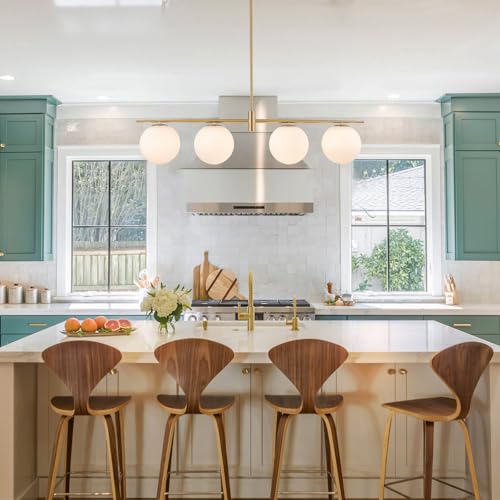 Image of 45.3 inch Modern Linear Chandelier 4-Lights Milk Glass Globe Linear Pendant Light Fixture Brushed Gold Mid Century Chandelier Kitchen Island Dining Room Light Fixture Over Table