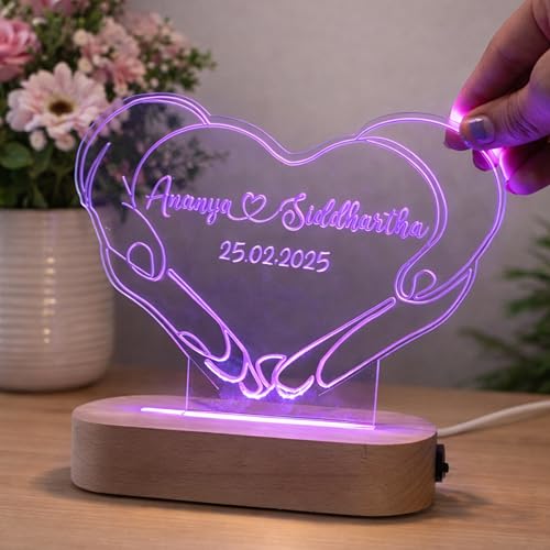 Image of Personalized UV Printed Photo 3D Illusion LED Table Lamp for Couple Gift for Anniversary, Wedding, Marriage, Valentine Day- Your Wooden Base Text Egraved (Multi)