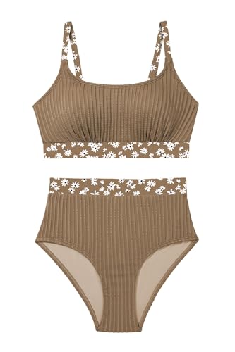 Image of Herseas Women's Textured Bikini Sets Floral Print Trim Scoop Neck Swimsuits High Waisted Bathing Suits