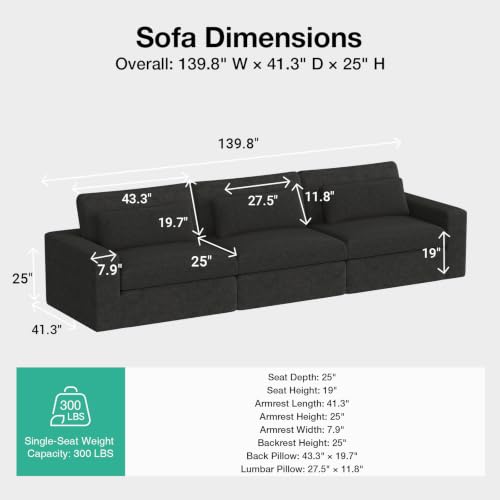 Image of Novilla 140 inch Deep Seat Modular Sectional Sofa, Removable Washable Covers, 3 Seater Cloud Couch with Lumbar Pillows, Chenille Boneless Sectional Couch Dark Gray, No Assembly Required