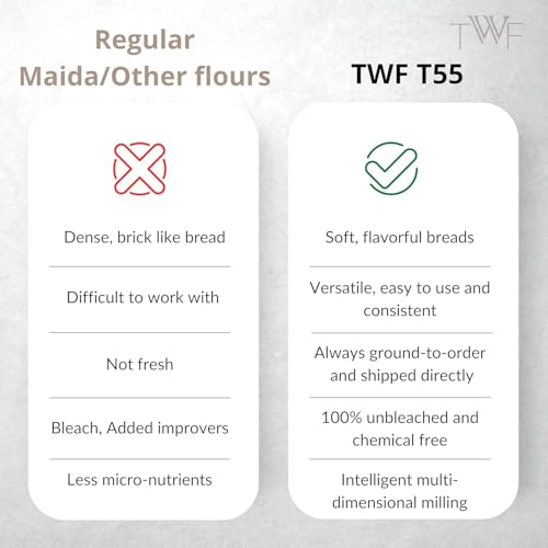 Image of TWF Bread Flour T55 - Premium Unbleached All Purpose Flour for Breads, Buns & Pizzas | Ideal for Home Baking | Bake Perfect Breads Everytime 2 Kg (Pack of 2)