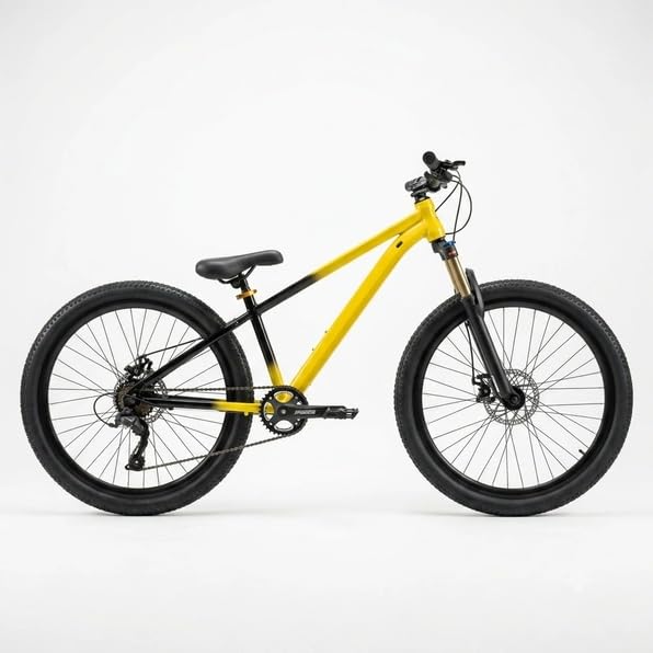 Image of Custom Build Yellow and Black MTB Stunt Cycle 14' Down Frame. Alloy Locking-Out Suspension Fork 1 /7 Speed Gear and Alloy 780mm Long Handle