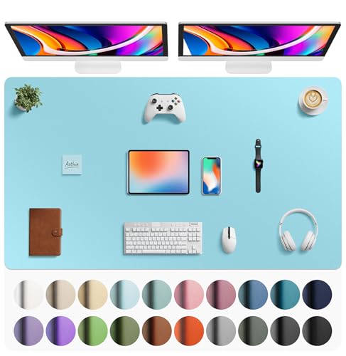Aothia Faux Leather Desk Mat - Large Mouse Pad, Non-Slip PU Leather Blotter, Waterproof Writing Surface for Office and Home (Blue Topaz, 63" x 24")