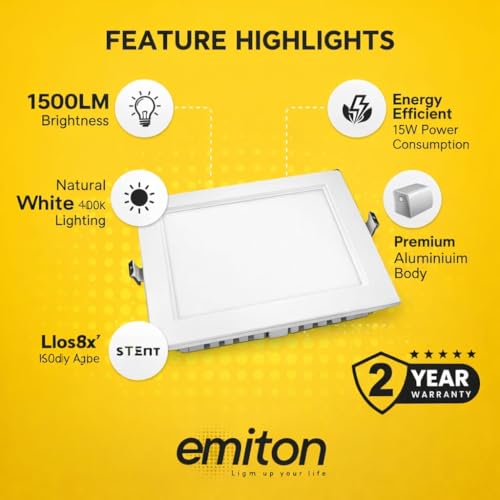 Image of EMITON LED Slim Panel Light | 15W Square Ceiling Panel Lamp | Natural White 4000K | 1500Lm LED Output | Aluminium Body | Indoor False Ceiling Light for Home Office Kitchen Bathroom | White